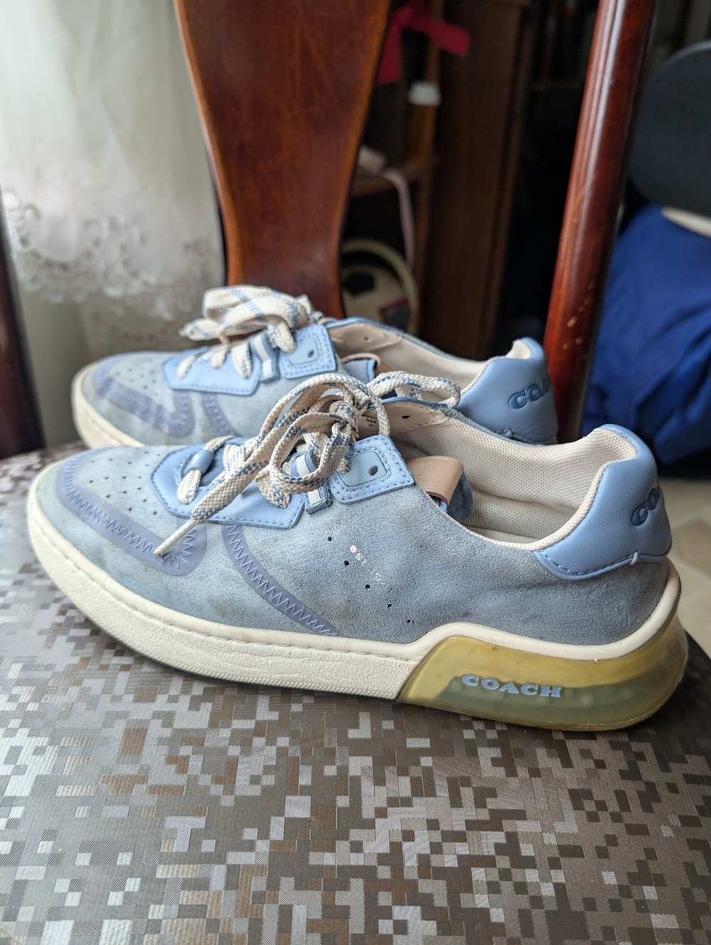 Coach Women's  Light Blue Suede Low-Top Sneakers with Cream Accents